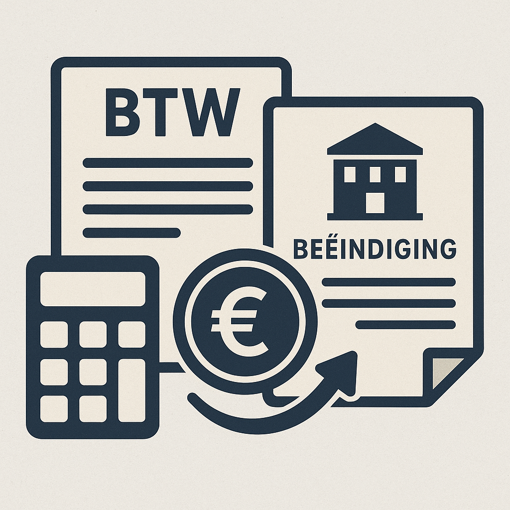 Infographic over het arrest Modexel (HvJ EU): btw-overschot bij stopzetting en hervatting van economische activiteiten, met symbolen voor btw, onderneming, vraag en antwoord (12 maanden-termijn).
