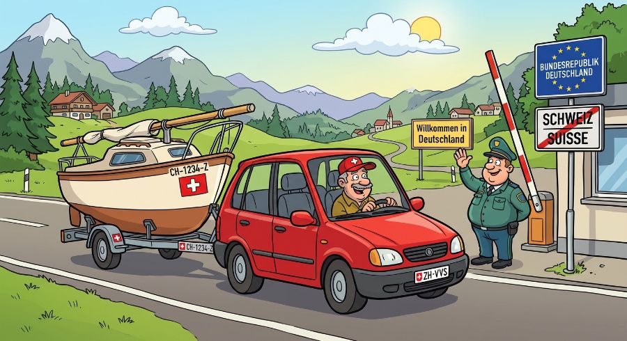 Zwitser steekt met auto en boottrailer met zeilboot Duitse grens over